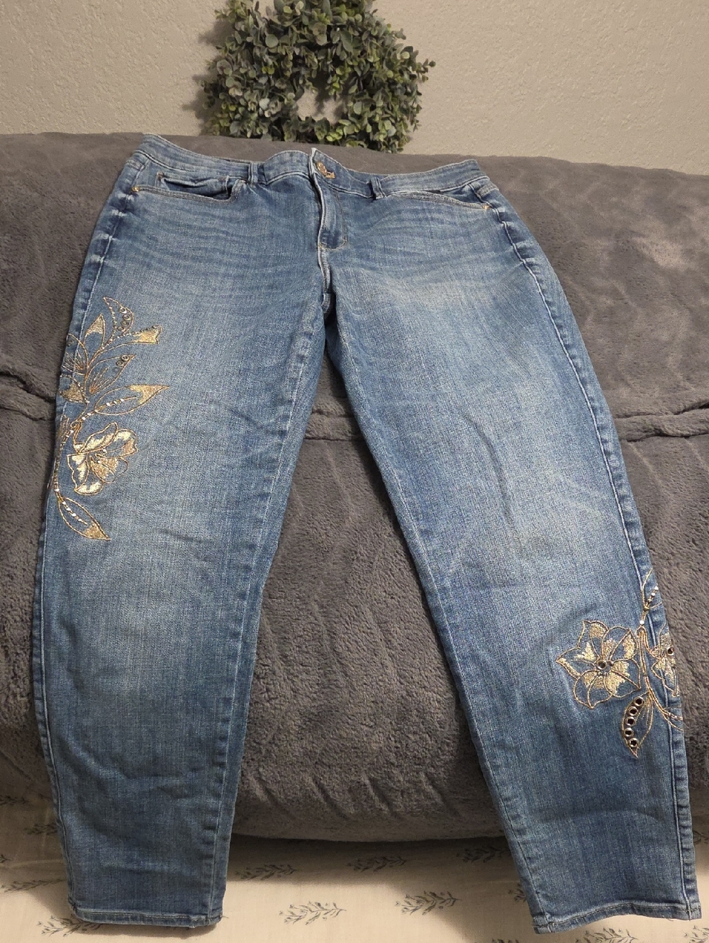 White House Black Market Blue Denim Jeans with Gold Floral Accents